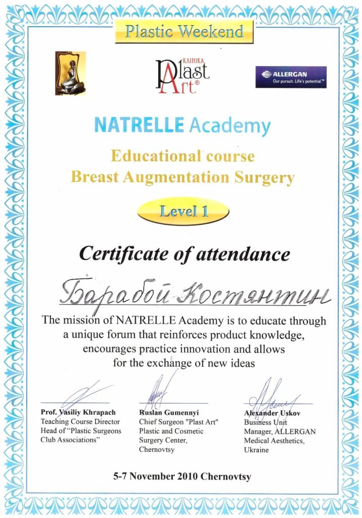 Барабой К.В., Certificate of attendance The mission of NATRELLE Academy is to educate through a unique forum that reinforces product kmowledge, encourages practice innovation and allows for the exchange of new ideas 2010
